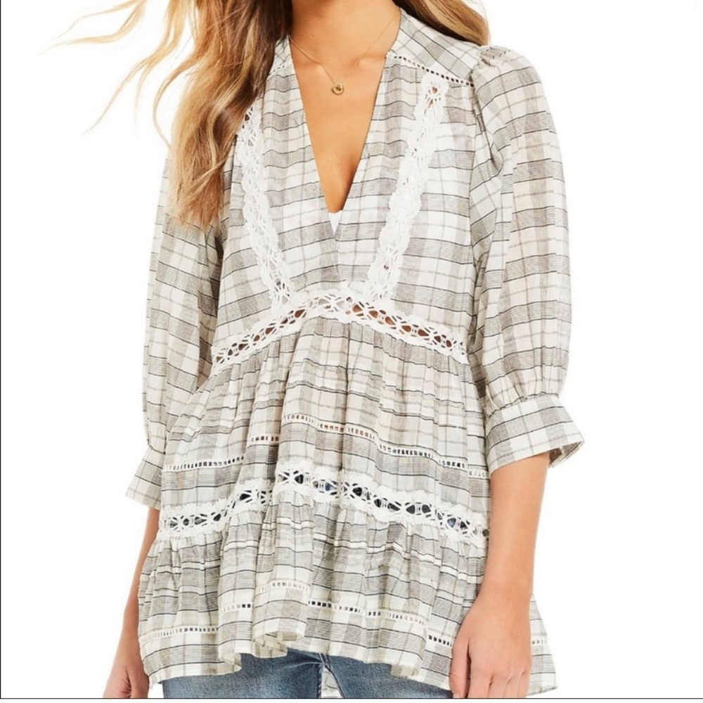 Free People Time Out Lace Tunic Plaid Blouse Top Ivory Combo Boho Shirt Size XS